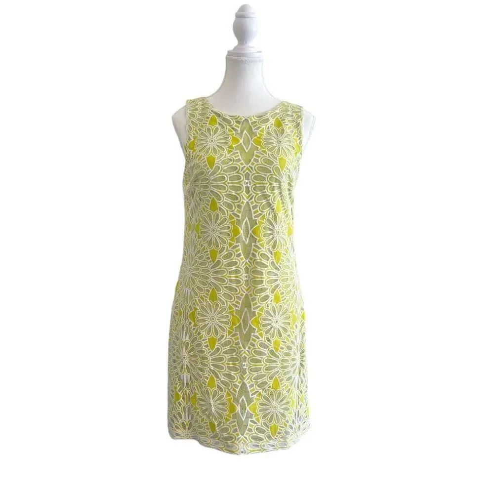 Belle Badgley Mischka Shift Dress Lime Green Sunburst Lace Overlay NEW Size 4